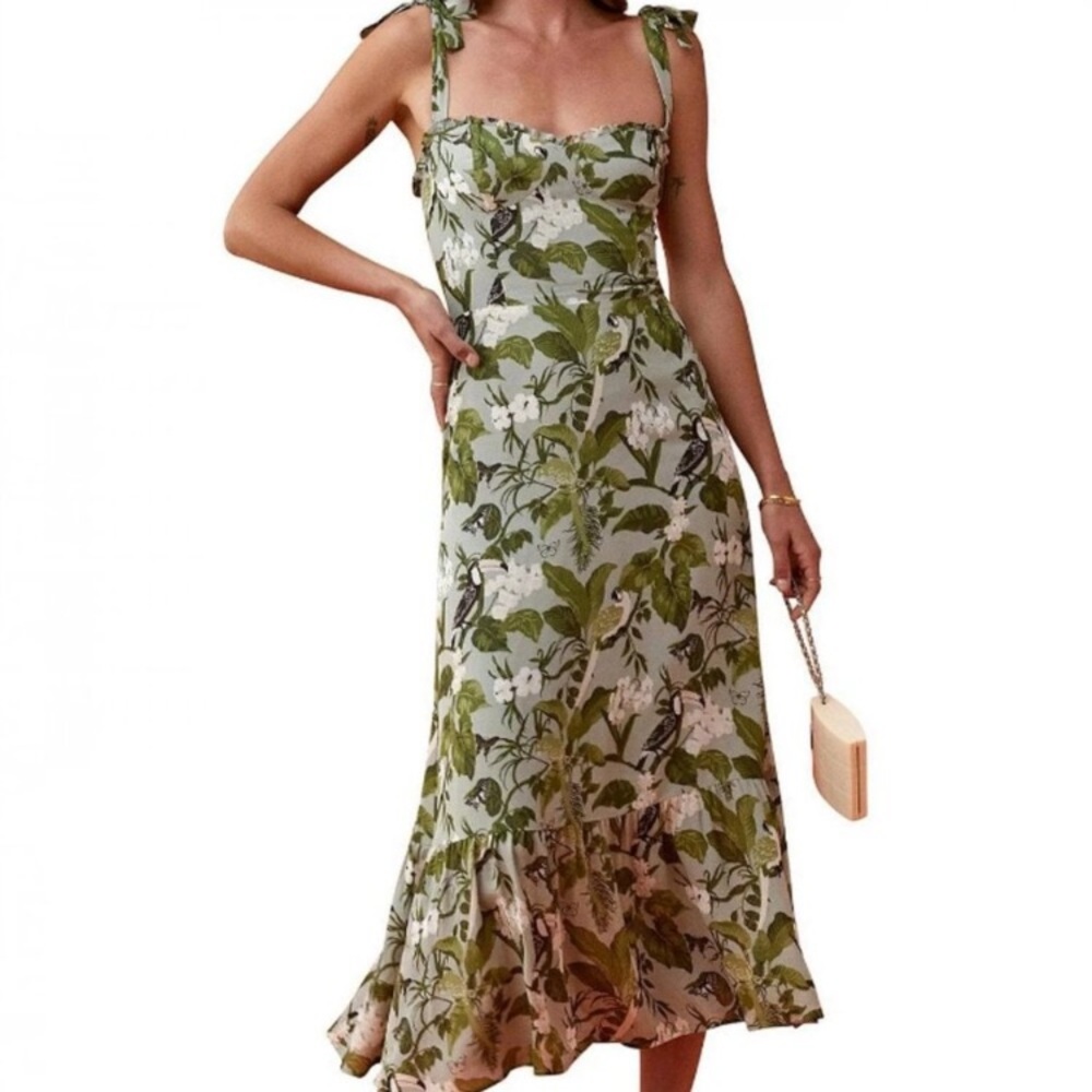 Reformation Tropical Pattern Green MIDI Dress